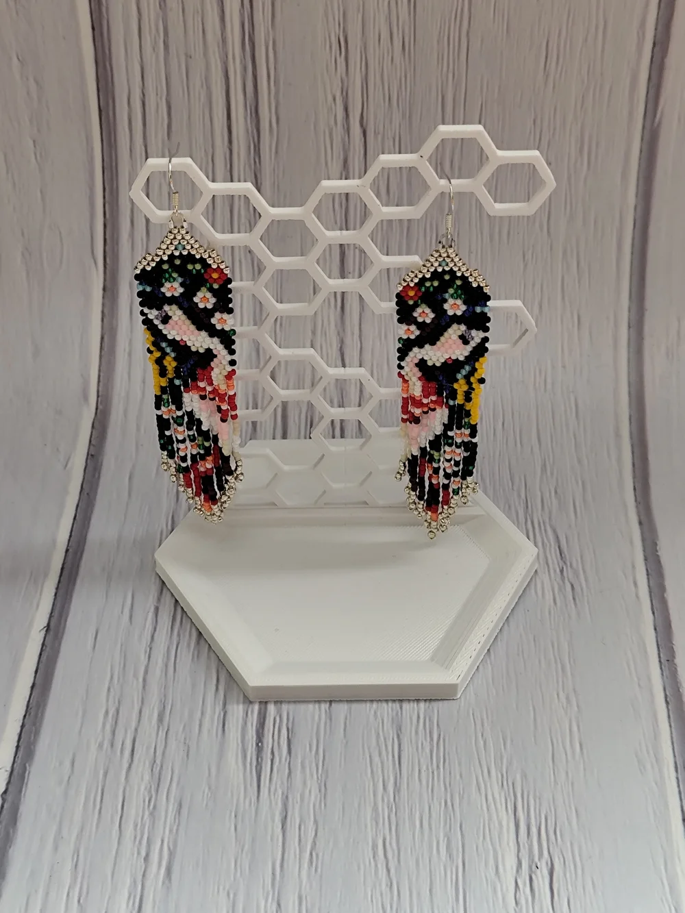 Handmade Multicolor Beaded Fringe Earrings — Bird Motif